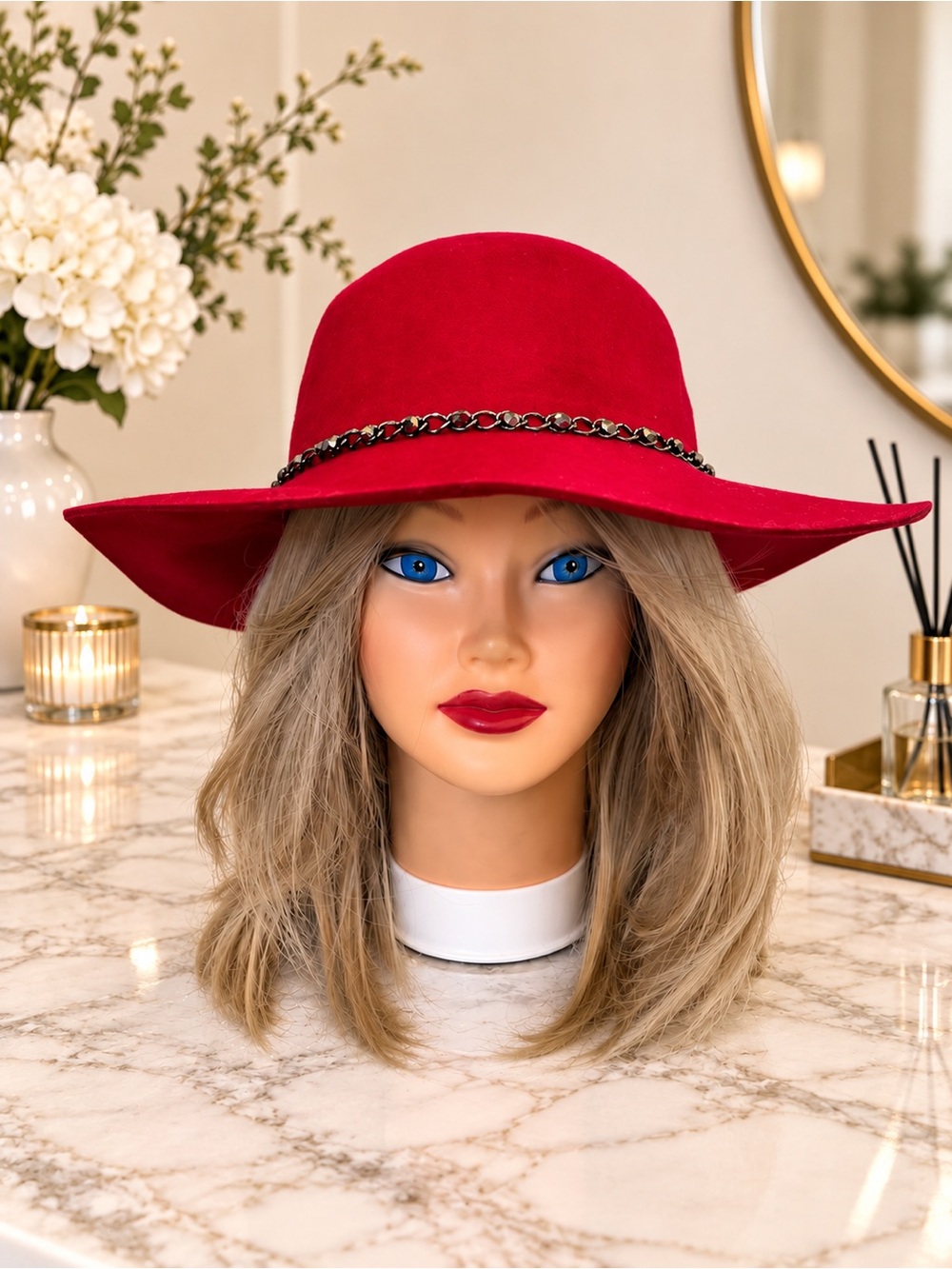 C.C Red Wide-Brim Fedora with Chain Band